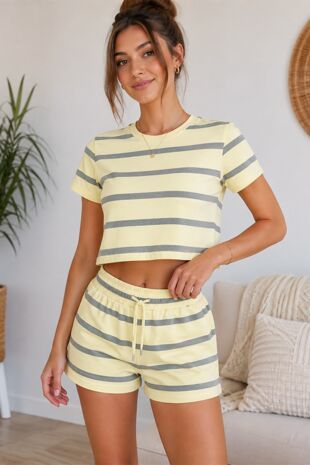 Yellow With Grey Cropped Striped Top With Short Set