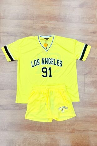 Yellow Contrast Short Sleeve LA Varsity T-Shirt With Short Set