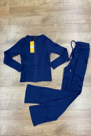 Navy Kids Ribbed Molly Button Through Top and Wide Leg Trousers