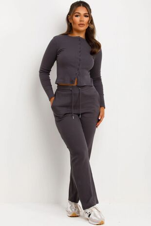 Slate Grey Fine Rib Button Detail Top With Wide Leg Trouser Set