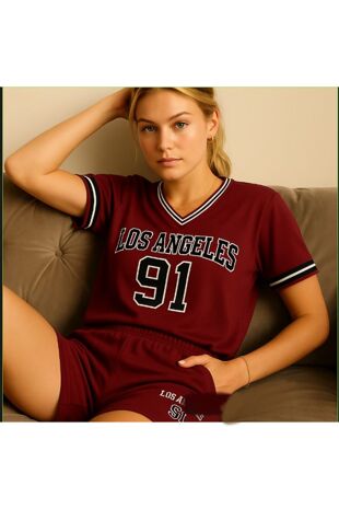  Wine Contrast Short Sleeve LA Varsity T-Shirt With Short Set