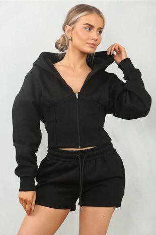 Black Ribbed Corset Fit Hooded Short Set