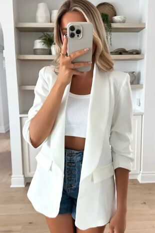 White Ruched Sleeve Blazer
