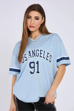 Plus Size Sky Blue Contrast Short Sleeve LA Varsity T-Shirt