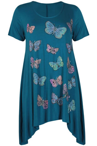Plus Size Teal Butterfly Printed Asymmetry Top