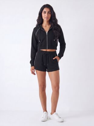 Black Contrast Piping Zip Up Hoodie With Short Set