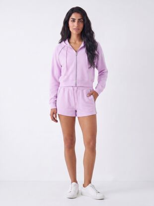 Pink Contrast Piping Zip Up Hoodie With Short Set