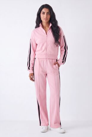 Pink Interlock 2 Stripe Sweatshirt With Wide Leg Trouser