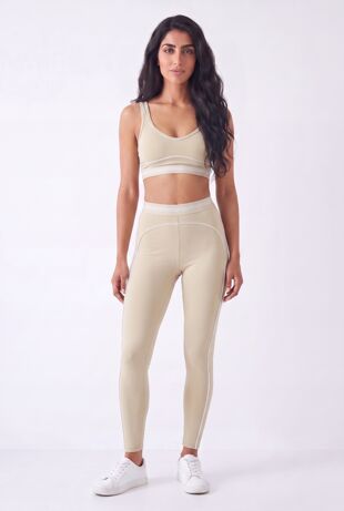 Beige Striped Band Gym Crop Top And Legging Set