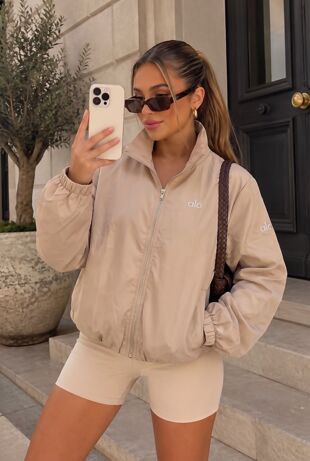 Chocolate Balloon Sleeve Printed Lined Zip Windbreaker Jacket
