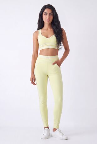 Yellow Striped Printed Band Gym Crop Top And Legging Set