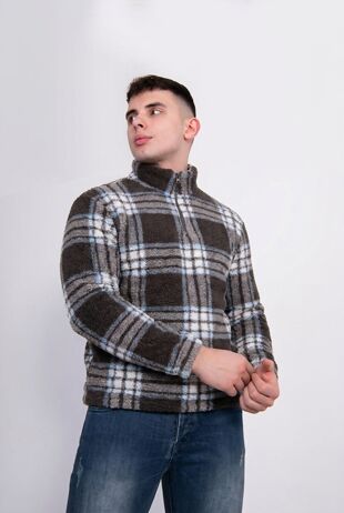 Chocolate Quarter Zip Chequered Borg Fleece