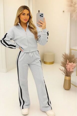 Bleach Grey Interlock 2 Stripe Sweatshirt With Wide Leg Trouser