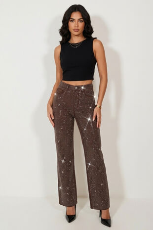 Brown High Waist Studded Wide Leg Jeans