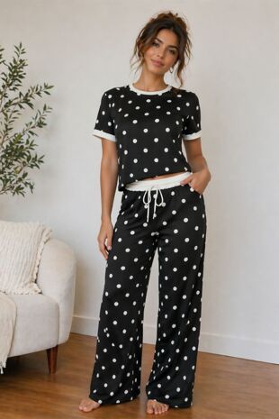 Contrast Waistband Polka Dot Trouser And Crop Top Co-Ord Set