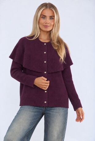 Wine Crew Neck Cape Button Up Ribbed Cardigan 