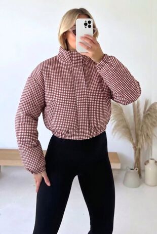 Wine Zip Up Gingham High-Neck Cropped Jacket