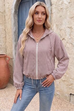 Wine Gingham Check Hooded Zip-Up Cropped Jacket