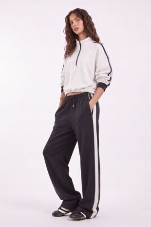 Black Contrast Zip-Up Top & Wide-Leg Side-Stripe Trouser Co-Ord Set