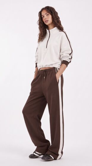 Chocolate Contrast Zip-Up Top & Wide-Leg Side-Stripe Trouser Co-Ord Set