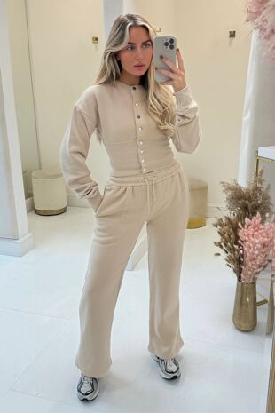 Oatmeal Snap Buttons Corset Fit Sweatshirt With Wide Leg Trouser