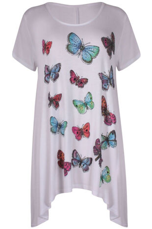 Plus Size White Butterfly Printed Asymmetry Top