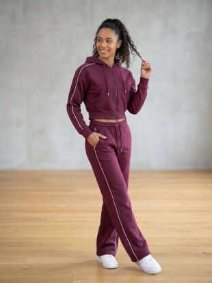 Wine Hooded Zip-Up & Stripe Detail Jogger Tracksuit Set
