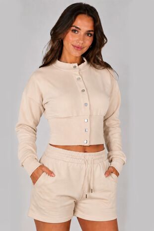 Oatmeal Snap Buttons Corset Fit Sweatshirt With Short Co-Ord Set
