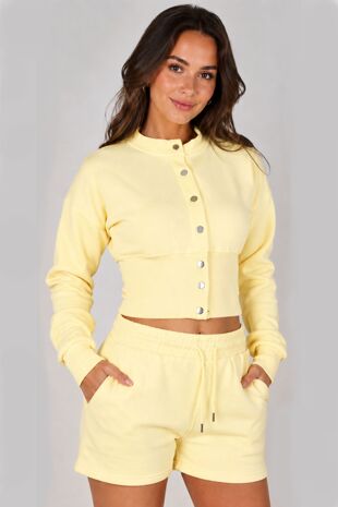 Butter Yellow Snap Buttons Corset Fit Sweatshirt With Short Co-Ord Set