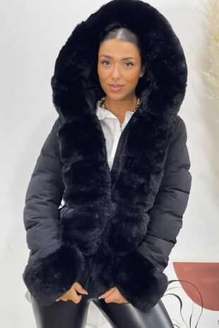 Black Puffer Jacket With Fur Hood Cuff And Trim