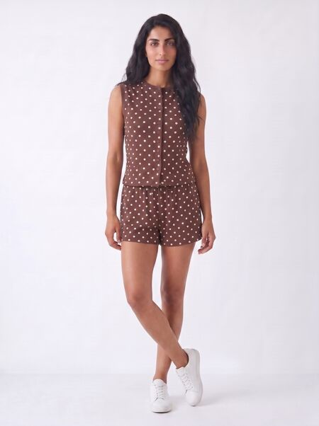 Chocolate Sleeveless Polka Dot Buttoned Top And Shorts Set