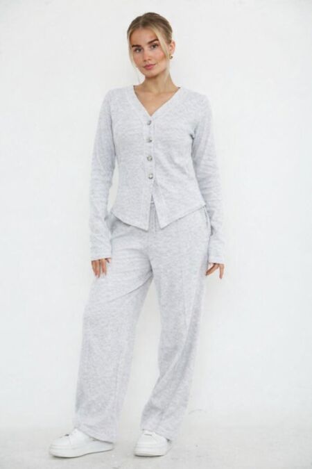 Bleach Grey Soft Ribbed Buttoned Cardigan With Wide Leg Trouser