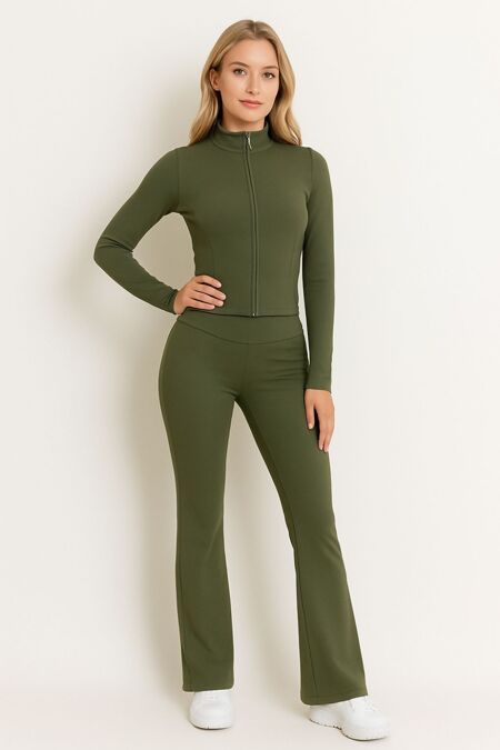 Khaki Active Zipped Jacket With Scrunch Bum Flare Trouser