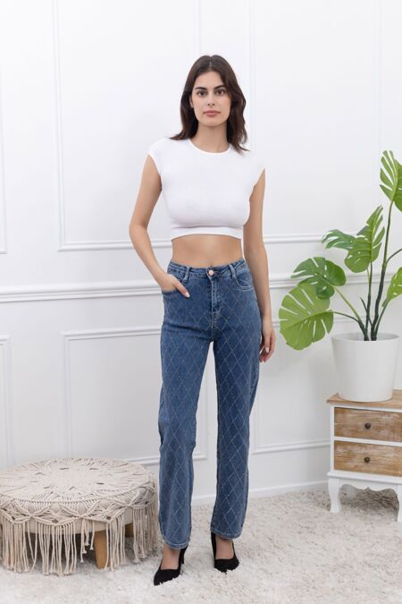Blue Studded Wide Leg Denim Jeans