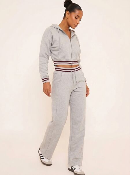 Grey Hooded 2 Stripe Zip Up Jumper With Straight Leg Jogger