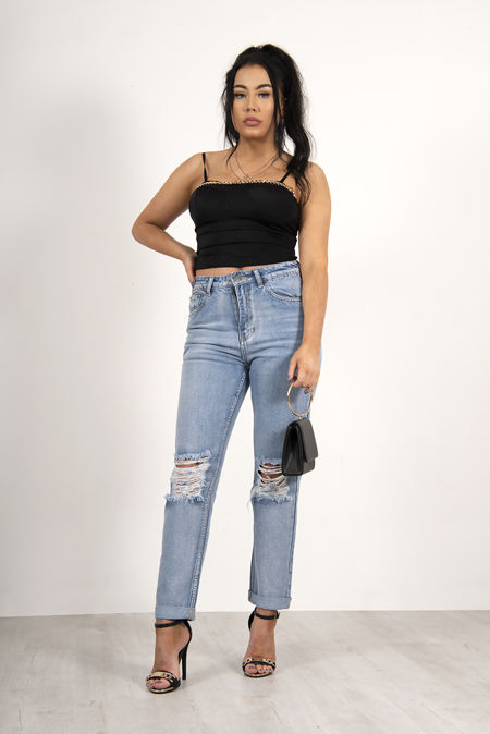 Light Blue Wash Knee Rip Mom Jeans