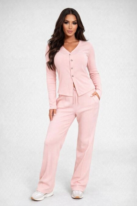 Pink Soft Ribbed Buttoned Cardigan With Wide Leg Trouser