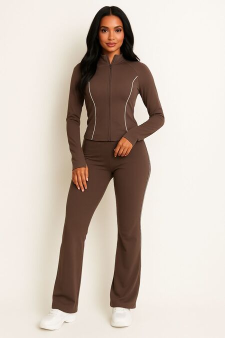 Chocolate Active Lined Zipped Jacket With Flare Trouser