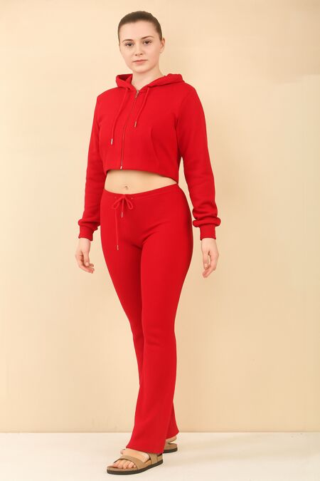 Red Cropped Zipped Hoodie With Bell Bottom Trouser
