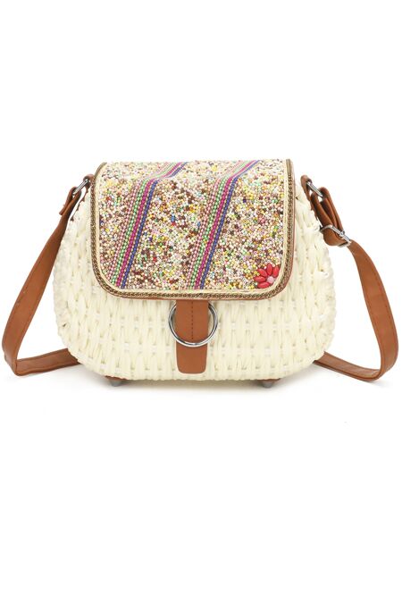 Beaded Straw Crossbody Bag