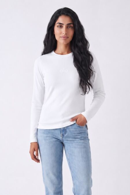 White Crew Neck Printed Slim Fit Stretch Ribbed Top