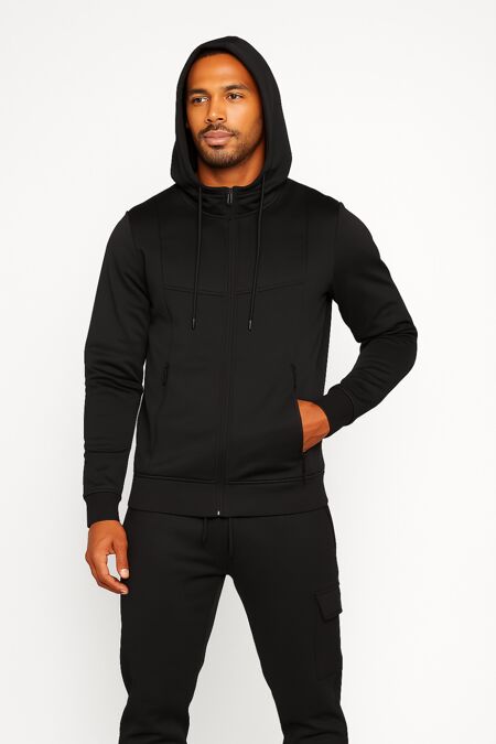 Black Full-Zip Hoodie With Cargo Pocket Jogger Tracksuit
