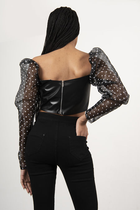 Black Sheer Polka Dot Sleeve PU Bodice Crop Top