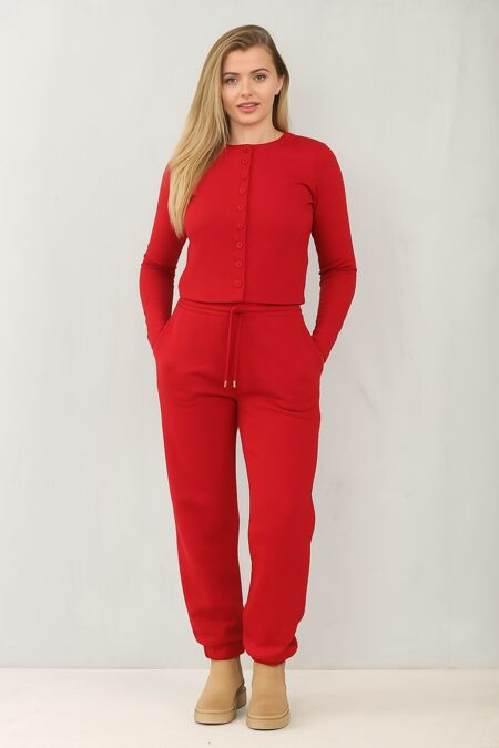 Red Ribbed Molly Button Through Top and Wide Leg Trousers