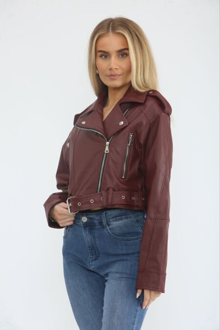 Wine Faux Leather Cropped Belted Biker Jacket