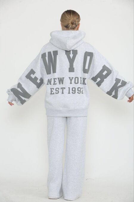 Bleach Grey Drop Shoulder NEW YORK Printed Hoodie With Trouser