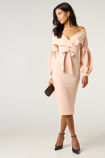 Nude Classy V-Neck Off Shoulder Midi Dress