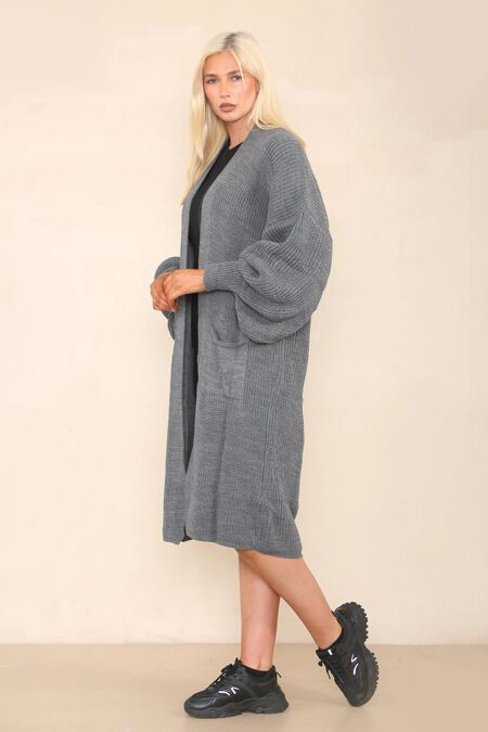 Longline Balloon Sleeve Knit Cardigan