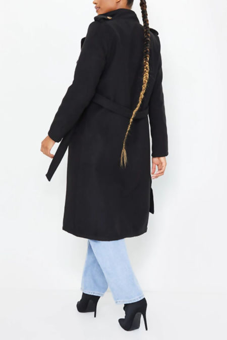 Black Wool Military Belted Midi Coat