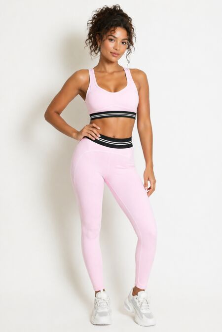 Pink Striped Band Gym Crop Top And Legging Set